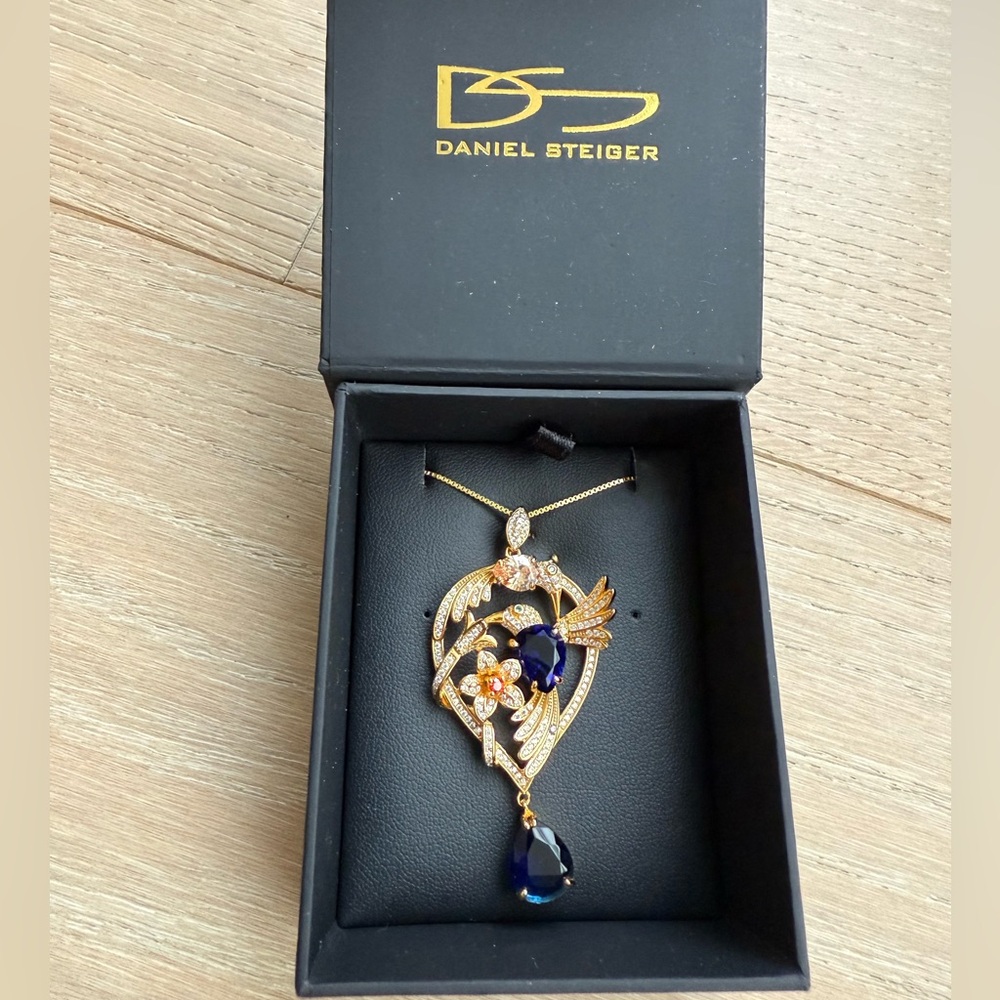 Daniel Steiger Hummingbird Sterling Gold tone and Blue Teardrop Pendant Necklace - Picture 2 of 6